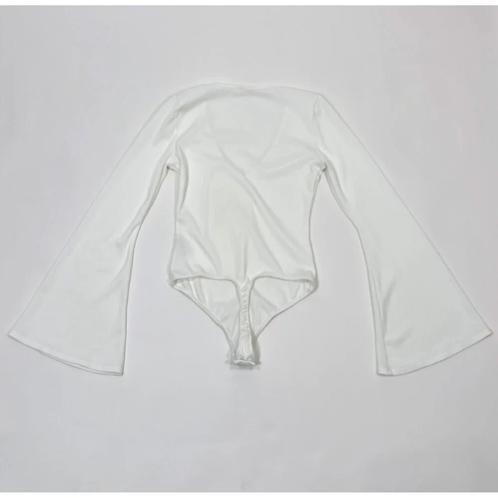 Free People Charli Bodysuit Bell Sleeve V Neck Ribbed White - Small